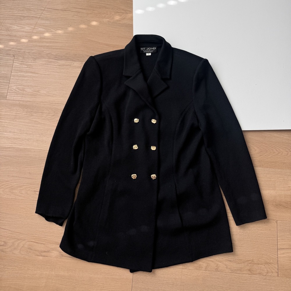 St John Collection Black Santana Knit Double Breasted Blazer Gold Buttons VTG 12